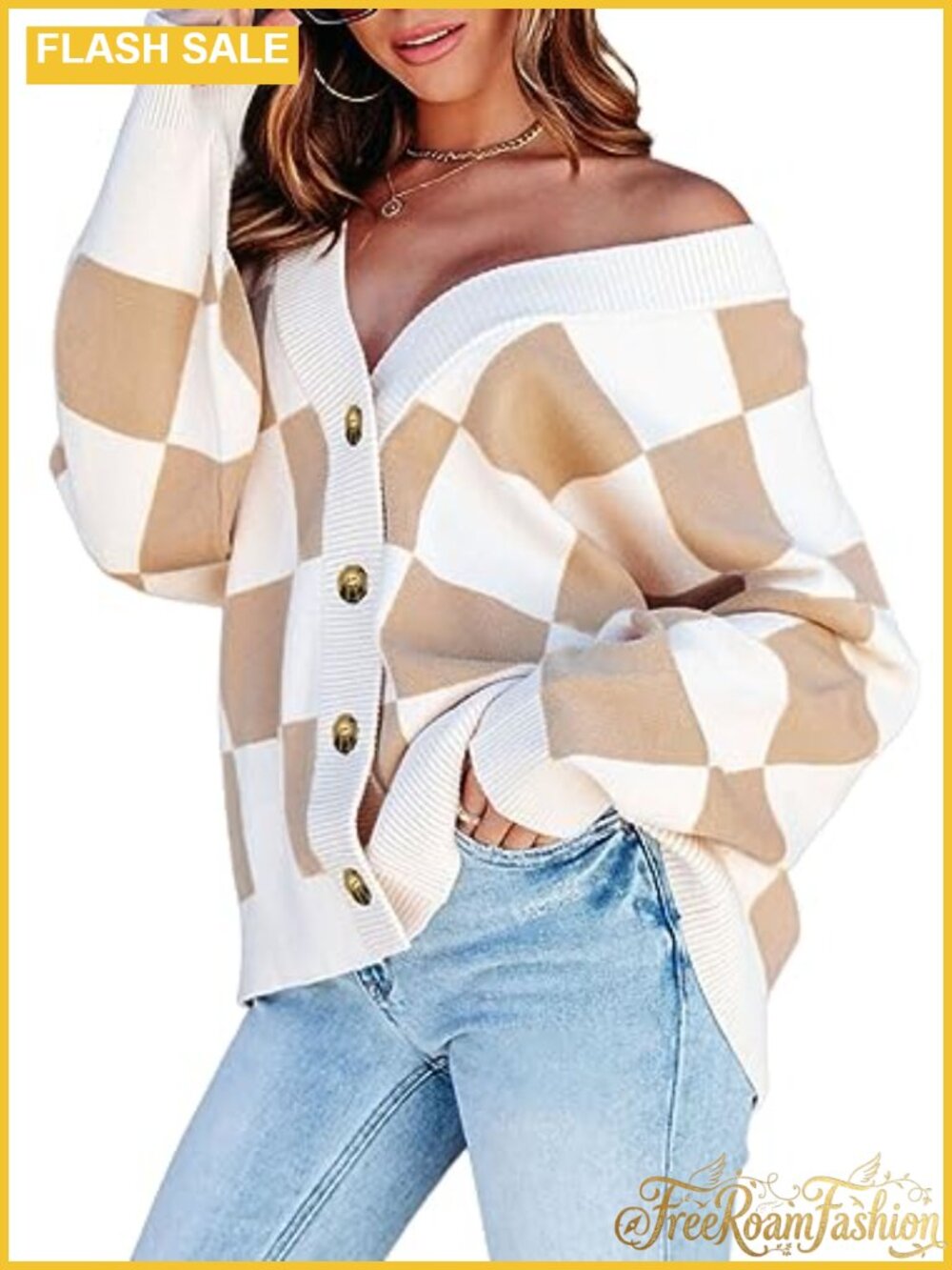 Cable Knit Plaid Cardigan Sweater Button Down V Neck Oversized